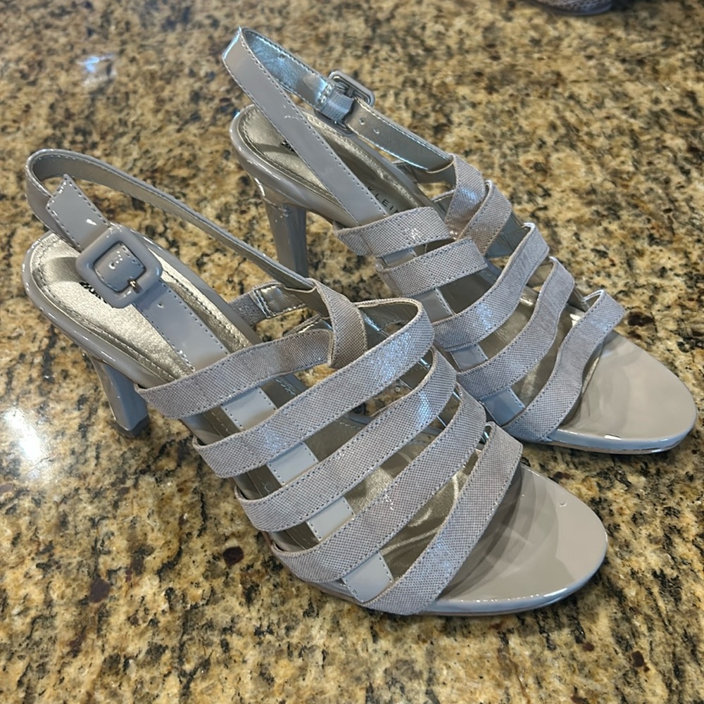 Anne Klein open toe, strap heels, beige/gray, size 10 | offer in description
